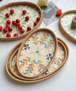 Set 3 khay mây khảm trai hình Oval