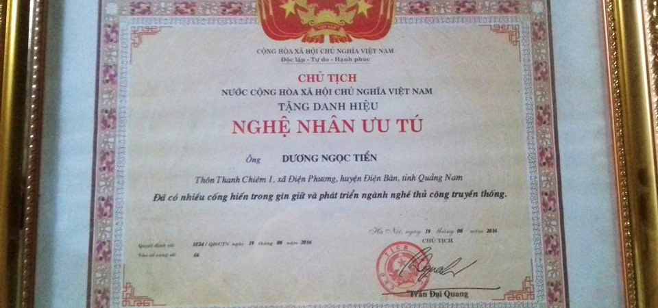 Bằng khen nghệ nhân ưu tú - Đúc Đồng Phước Kiều - Công Ty TNHH MTV TM - DV Đồng Phước Kiều