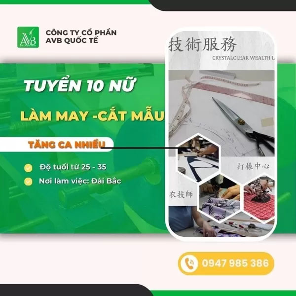 Tuyển nữ làm may - cắt mẫu - Du Học Và Xuất Khẩu Lao Động AVB - Công Ty Cổ Phần AVB Quốc Tế