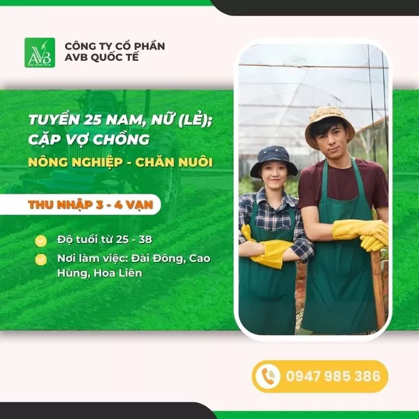 Tuyển nam, nữ, cặp vợ chồng làm nông nghiệp, chăn nuôi - Du Học Và Xuất Khẩu Lao Động AVB - Công Ty Cổ Phần AVB Quốc Tế