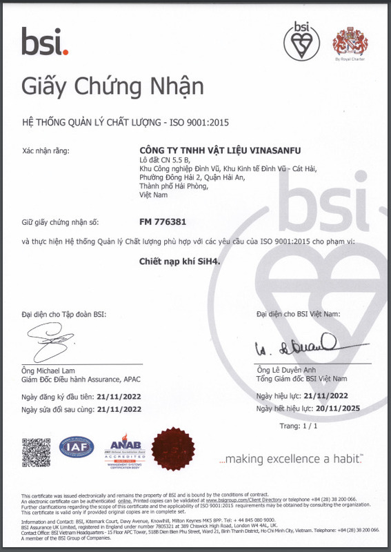 Chứng nhận ISO 9001:2015 - Khí Công Nghiệp Vinasanfu - Công Ty TNHH Thương Mại Vật Liệu Vinasanfu