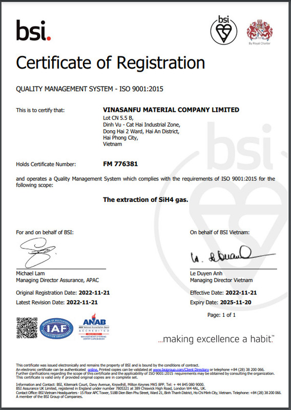 Chứng nhận ISO 9001:2015 - Khí Công Nghiệp Vinasanfu - Công Ty TNHH Thương Mại Vật Liệu Vinasanfu