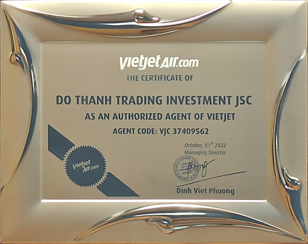 Chứng nhận Đại lý chính thức của Công Ty Cổ phần Hàng Không Vietjet