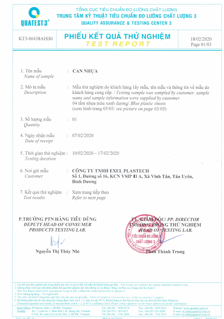 Phiếu kết quả thử nghiệm can nhựa - Tank Exel Plastech - Công Ty TNHH Exel Plastech (Trực thuộc Tập Đoàn Time Technoplast.Ltd)