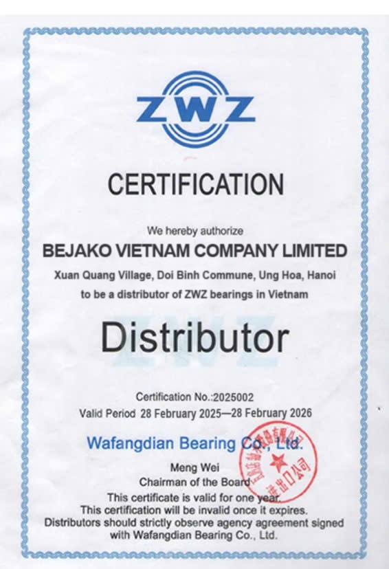Chứng nhận đại lý ZWZ - Vòng Bi Bạc Đạn ZWZ - Công Ty TNHH Bejako Việt Nam