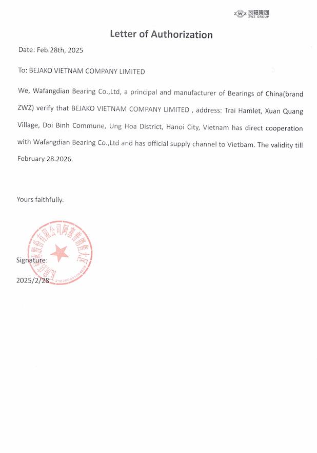 Thư ủy quyền đại lý ZWZ - Vòng Bi Bạc Đạn ZWZ - Công Ty TNHH Bejako Việt Nam