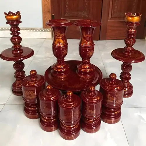 Bộ đồ thờ bằng gỗ mít 10 món mẫu DTBG-015 - Cửa Hàng Ban Thần Tài - Chuyên Bàn Thờ Thần Tài - Thổ Địa