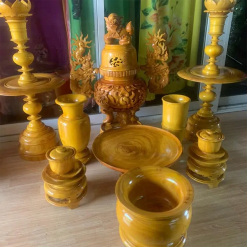 Bộ đồ thờ bằng gỗ mít 9 món mẫu DTBG-013 - Cửa Hàng Ban Thần Tài - Chuyên Bàn Thờ Thần Tài - Thổ Địa
