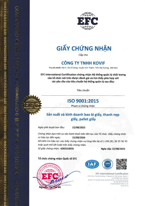 Chứng nhận ISO 9001:2015 - Slip Sheet, Thanh Nẹp Góc, Giấy Tổ Ong, KOVIF - Công Ty TNHH KOVIF