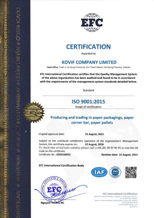 Chứng nhận ISO 9001:2015 - Slip Sheet, Thanh Nẹp Góc, Giấy Tổ Ong, KOVIF - Công Ty TNHH KOVIF