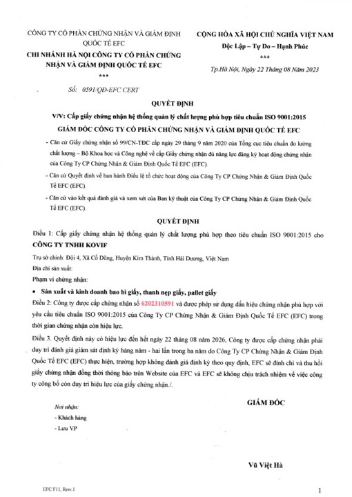 Chứng nhận - Slip Sheet, Thanh Nẹp Góc, Giấy Tổ Ong, KOVIF - Công Ty TNHH KOVIF