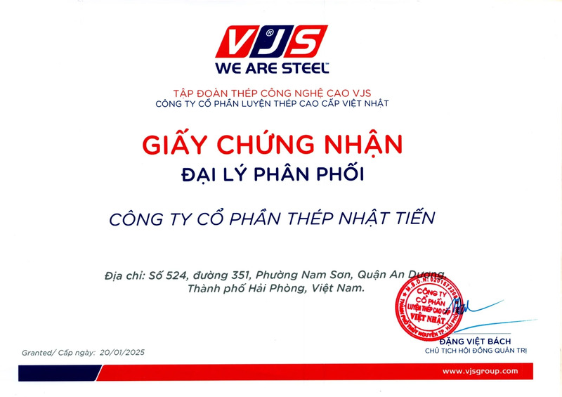 Chứng nhận đại lý phân phối - Thép Nhật Tiến - Công Ty Cổ Phần Thép Nhật Tiến