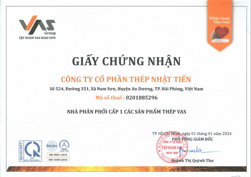 Chứng nhận nhà phân phối cấp 1 các sản phẩm thép VAS - Thép Nhật Tiến - Công Ty Cổ Phần Thép Nhật Tiến