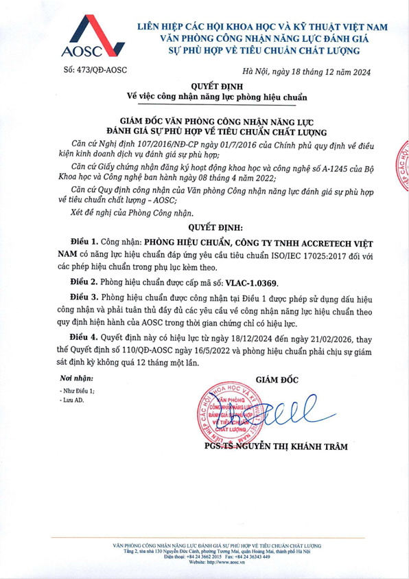 Chứng nhận năng lực PTN - Công Ty TNHH Accretech Việt Nam