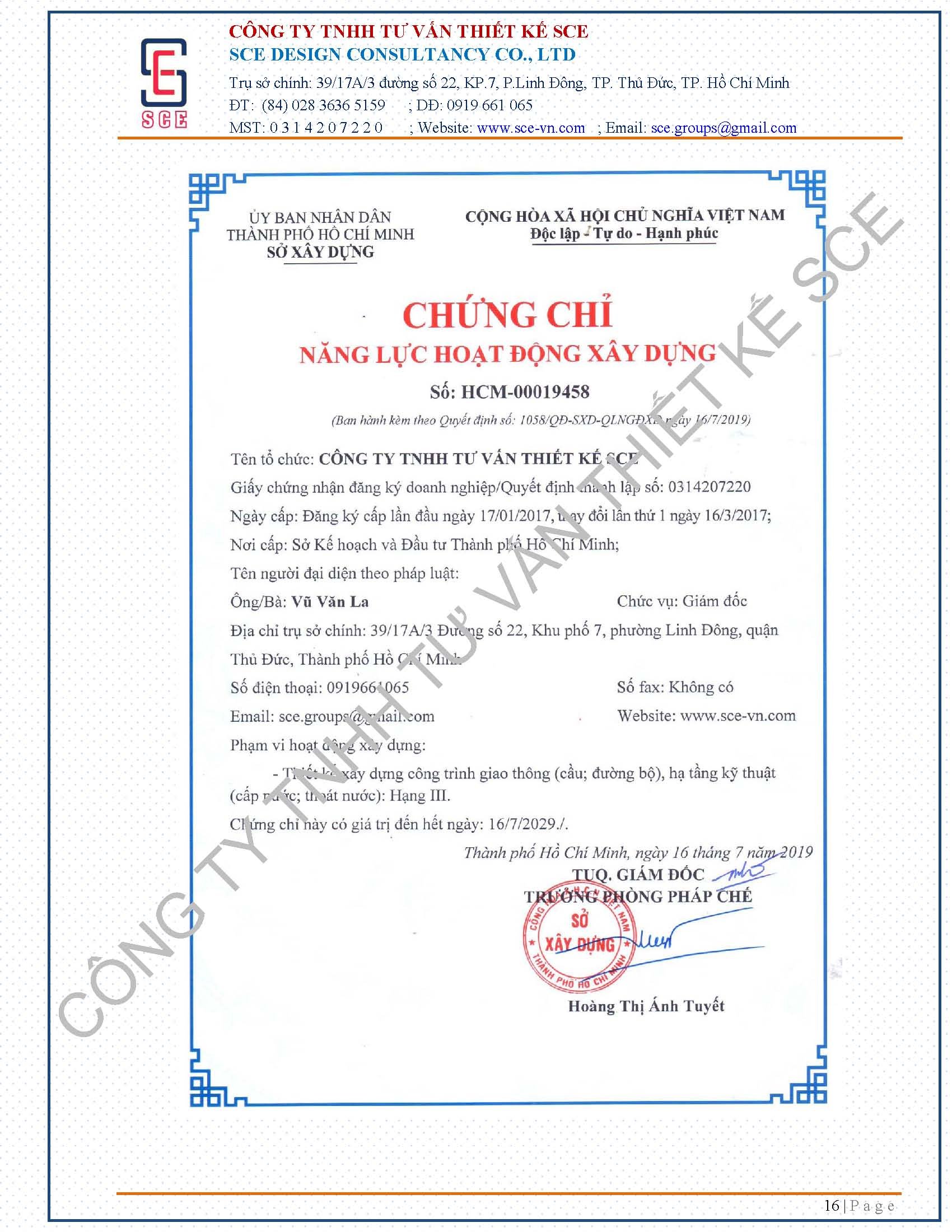 Chứng chỉ - Xây Dựng Và Cải Tạo Công Trình SCE - Công Ty TNHH Tư Vấn Thiết Kế SCE