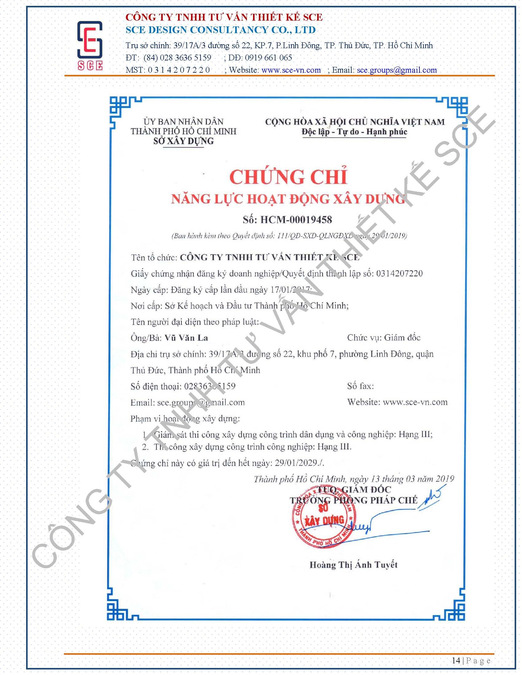 Chứng chỉ - Xây Dựng Và Cải Tạo Công Trình SCE - Công Ty TNHH Tư Vấn Thiết Kế SCE