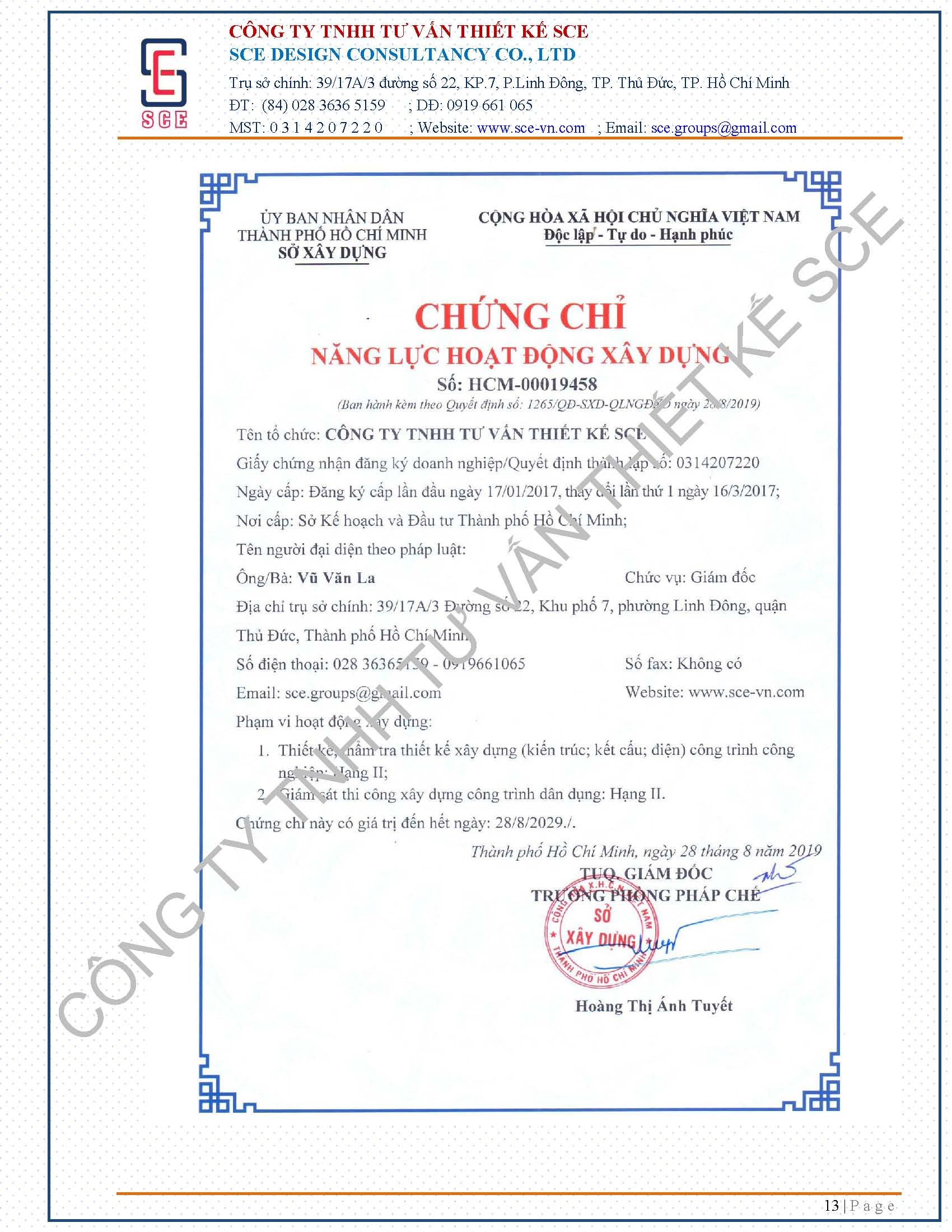 Chứng chỉ - Xây Dựng Và Cải Tạo Công Trình SCE - Công Ty TNHH Tư Vấn Thiết Kế SCE