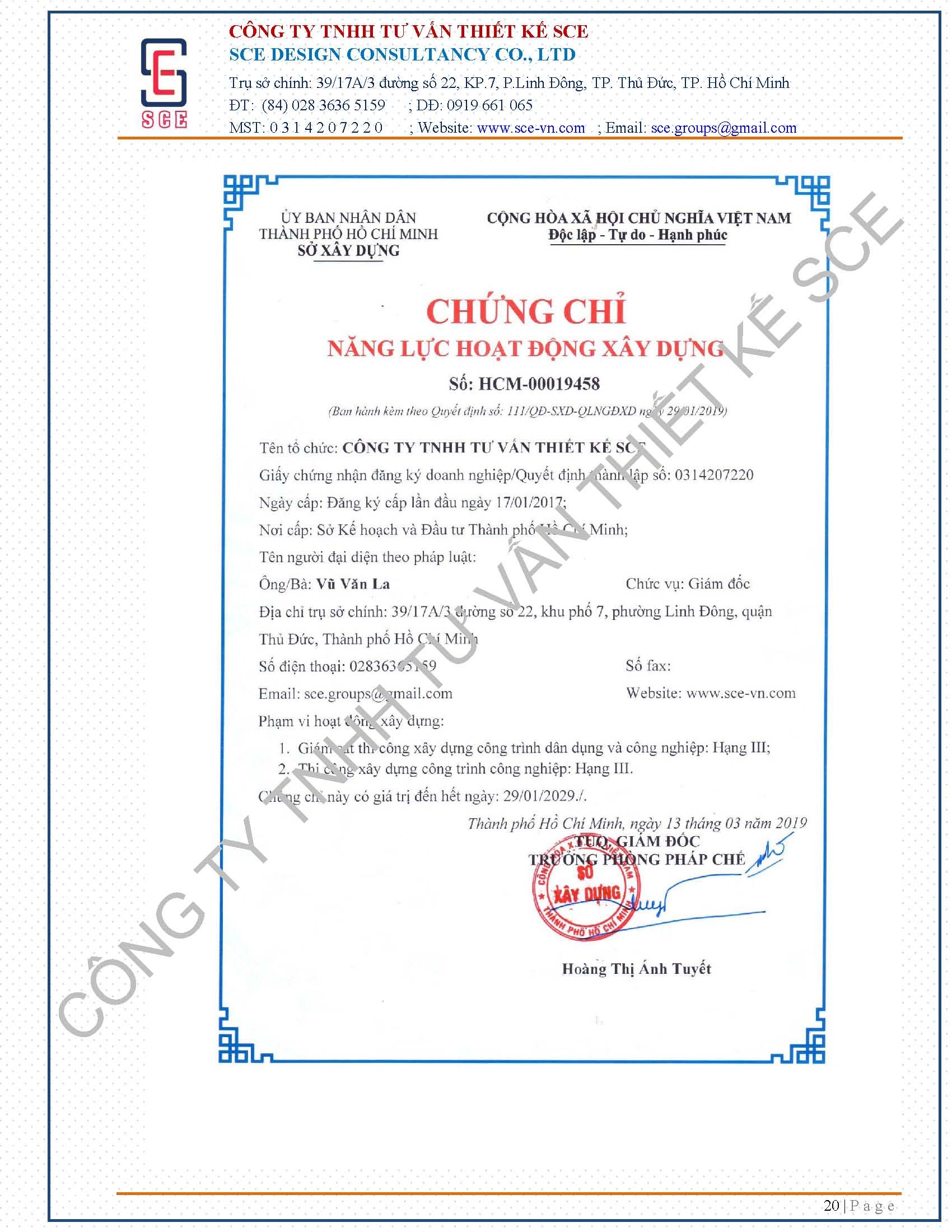 Chứng chỉ - Xây Dựng Và Cải Tạo Công Trình SCE - Công Ty TNHH Tư Vấn Thiết Kế SCE