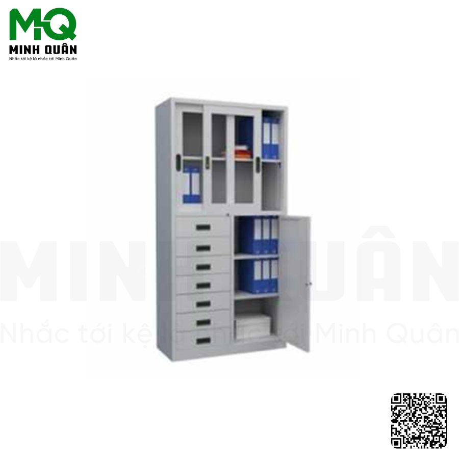 Tủ 2 cánh kính lùa, 7 hộc kéo, 1 cánh mở - Kệ Siêu Thị Minh Quân - Công Ty TNHH Đầu Tư Phát Triển Thương Mại Dịch Vụ Minh Quân