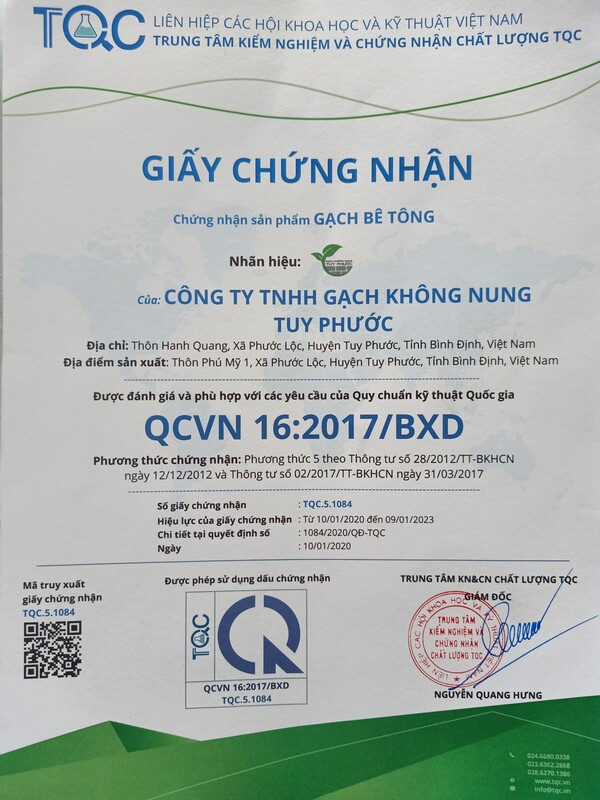 Chứng nhận QCVN 16:2017/BXD
