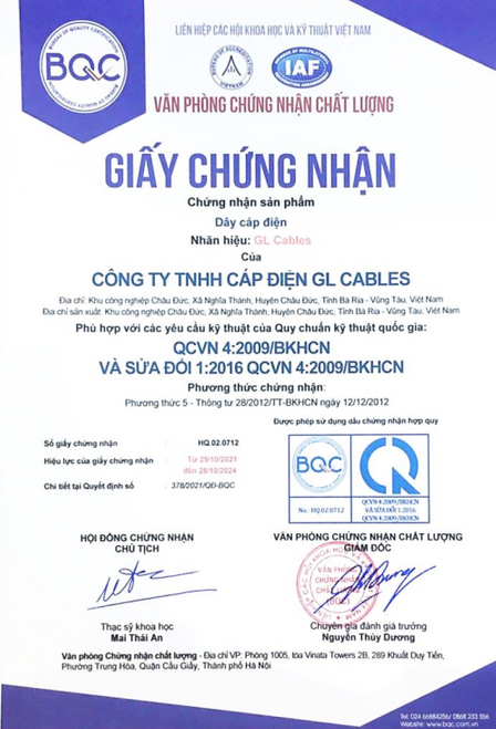 Chứng nhận QCVN 4:2009/BKHCN - Cáp Chống Cháy An Toàn - Công Ty TNHH An Toàn