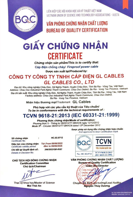 Chứng nhận TCVN 9618-21:2013 - Cáp Chống Cháy An Toàn - Công Ty TNHH An Toàn
