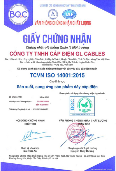 Chứng nhận TCVN ISO 14001:2015 - Cáp Chống Cháy An Toàn - Công Ty TNHH An Toàn