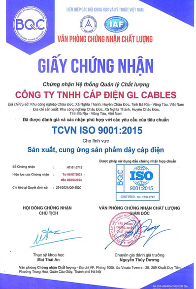 Chứng nhận TCVN ISO 9001:2015 - Cáp Chống Cháy An Toàn - Công Ty TNHH An Toàn