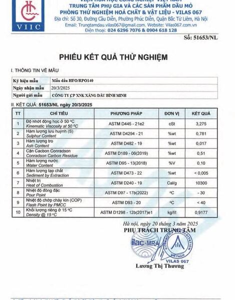 Phiếu kết quả thử nghiệm