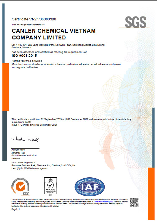 Chứng nhận SGS ISO 9001:2015 - Keo Dán Gỗ Chemical Canlen Việt Nam - Công Ty TNHH Chemical Canlen Việt Nam