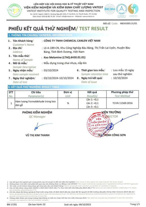 Kết quả thử nghiệm hàm lượng Formaldehyde