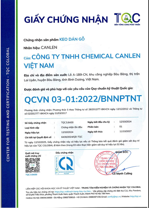 Chứng nhận hợp quy keo dán gỗ - Keo Dán Gỗ Chemical Canlen Việt Nam - Công Ty TNHH Chemical Canlen Việt Nam