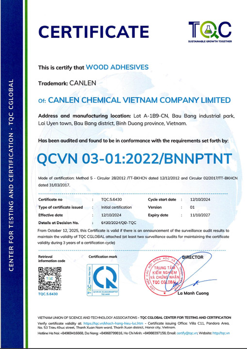 Chứng nhận hợp quy keo dán gỗ - Keo Dán Gỗ Chemical Canlen Việt Nam - Công Ty TNHH Chemical Canlen Việt Nam
