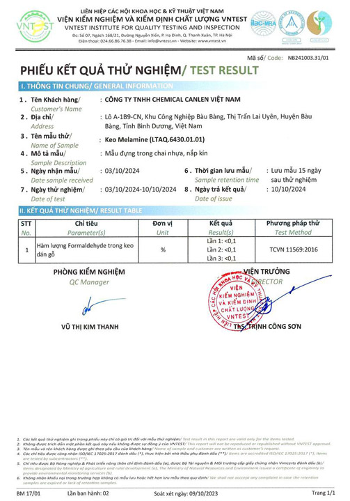 Kết quả thử nghiệm hàm lượng Formaldehyde - Keo Dán Gỗ Chemical Canlen Việt Nam - Công Ty TNHH Chemical Canlen Việt Nam