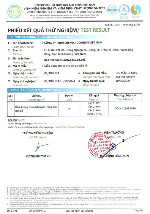 Kết quả thử nghiệm hàm lượng Formaldehyde - Keo Dán Gỗ Chemical Canlen Việt Nam - Công Ty TNHH Chemical Canlen Việt Nam