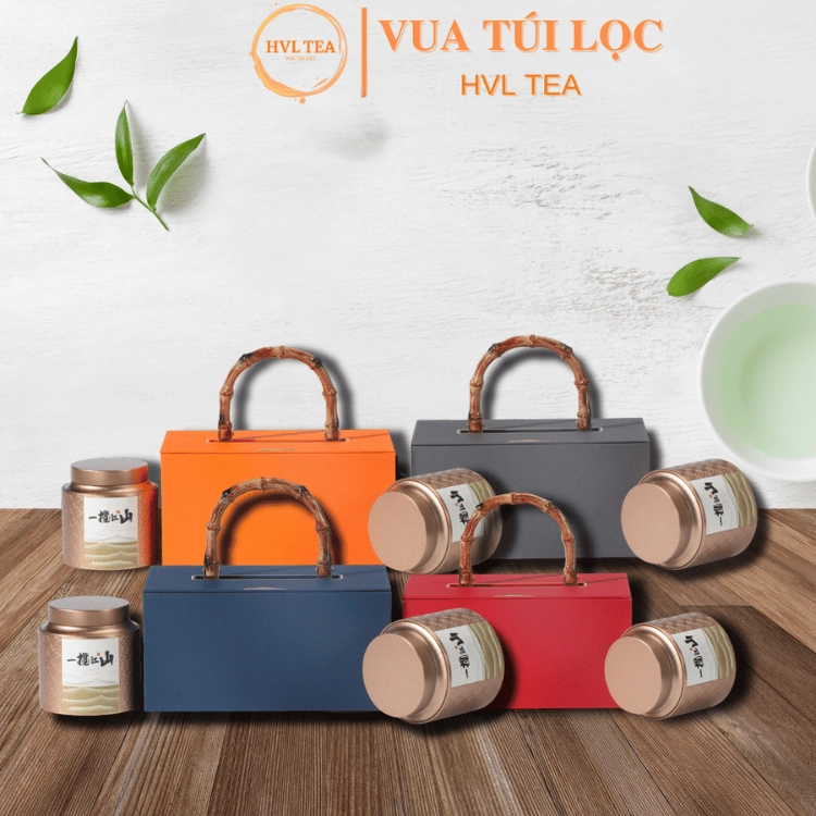 Bộ hộp trà có tay cầm gỗ 2 hộp tròn cao cấp