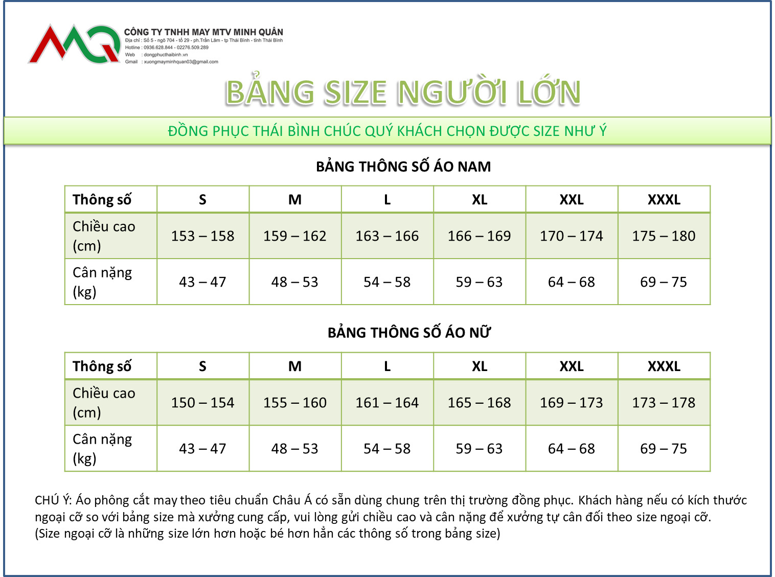 Bảng hướng dẫn chọn size - May Đồng Phục Minh Quân - Công Ty TNHH May Đồng Phục Minh Quân