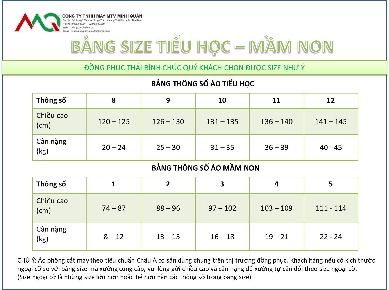 Bảng hướng dẫn chọn size - May Đồng Phục Minh Quân - Công Ty TNHH May Đồng Phục Minh Quân