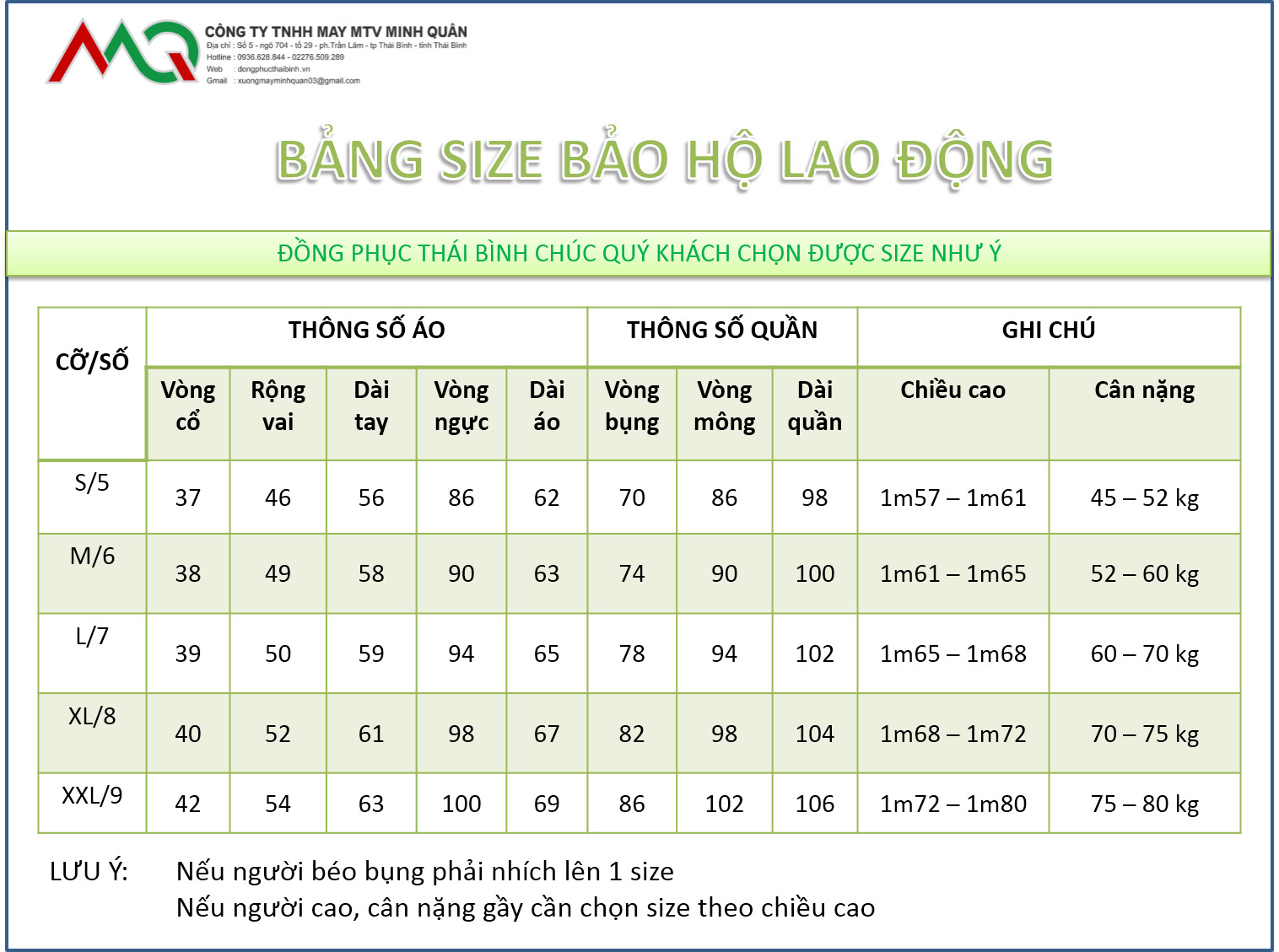 Bảng hướng dẫn chọn size - May Đồng Phục Minh Quân - Công Ty TNHH May Đồng Phục Minh Quân