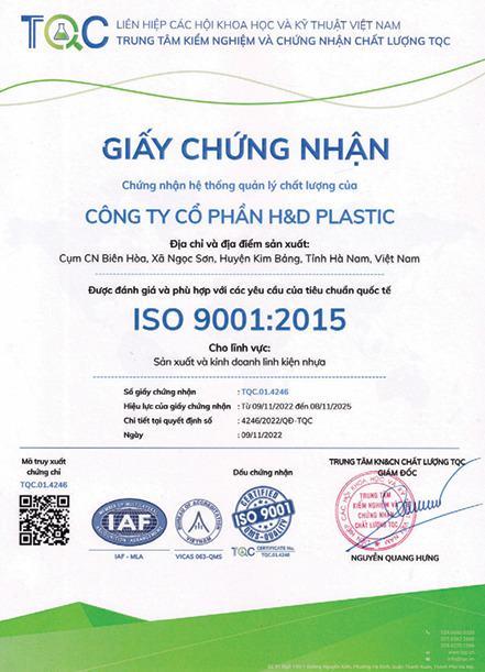 Chứng nhận ISO 9001:2015 - Gia Công Nhựa H&D Plastic - Công Ty Cổ Phần H&D Plastic