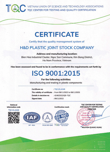 Chứng nhận ISO 9001:2015 - Gia Công Nhựa H&D Plastic - Công Ty Cổ Phần H&D Plastic