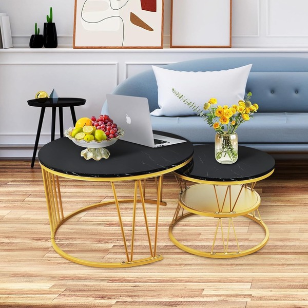 Bộ 2 bàn tròn ghép đá cẩm thạch khung vàng - Đồ Nội Thất Kim Loại Dòng Chảy Việt Nam - Công Ty TNHH Dòng Chảy Việt Nam
