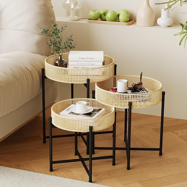 Bộ 3 bàn phụ tròn ghép mây và kim loại - Đồ Nội Thất Kim Loại Dòng Chảy Việt Nam - Công Ty TNHH Dòng Chảy Việt Nam