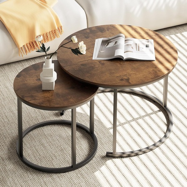 Bộ 2 bàn cà phê tròn ghép màu nâu rustic