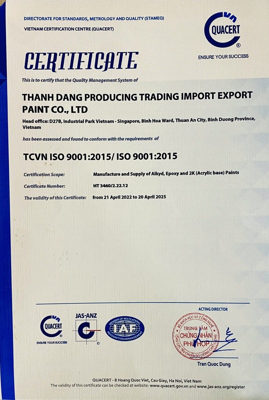 Chứng nhận TCVN ISO 9001:2015 - Sơn Thada Auto Paints - Công Ty TNHH SX TM XNK Thada Auto Paints