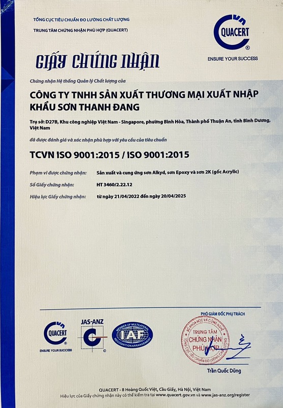 Chứng nhận TCVN ISO 9001:2015 - Sơn Thada Auto Paints - Công Ty TNHH SX TM XNK Thada Auto Paints