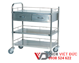 Xe đẩy inox 3 tầng có hộc kéo