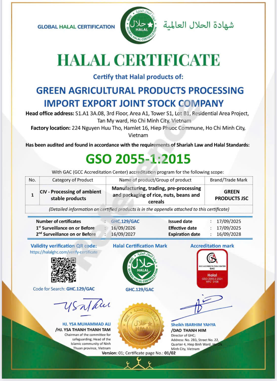 Chứng nhận GSO 2055-1:2015 - Gạo Nông Sản Xanh - Công Ty Cổ Phần Xuất Nhập Khẩu Chế Biến Nông Sản Xanh