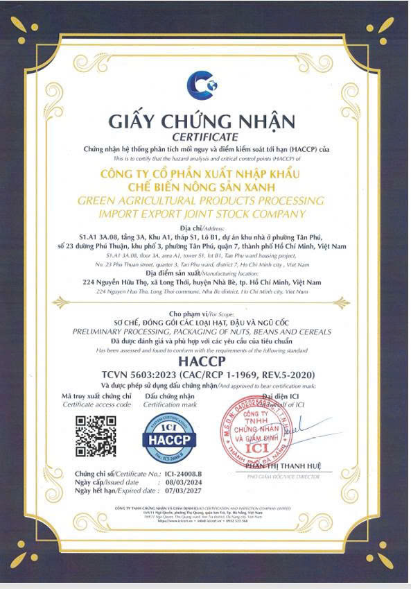 Chứng nhận HACCP - Gạo Nông Sản Xanh - Công Ty Cổ Phần Xuất Nhập Khẩu Chế Biến Nông Sản Xanh