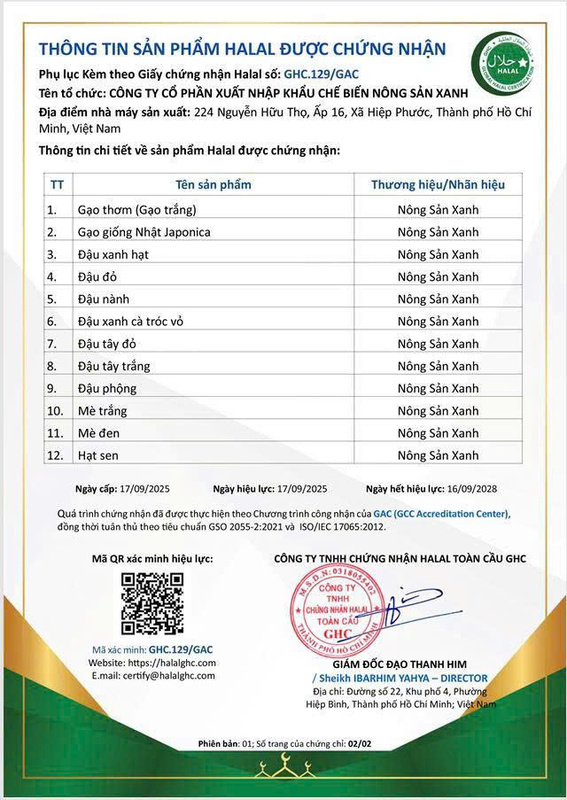 Chứng nhận HALAL - Gạo Nông Sản Xanh - Công Ty Cổ Phần Xuất Nhập Khẩu Chế Biến Nông Sản Xanh